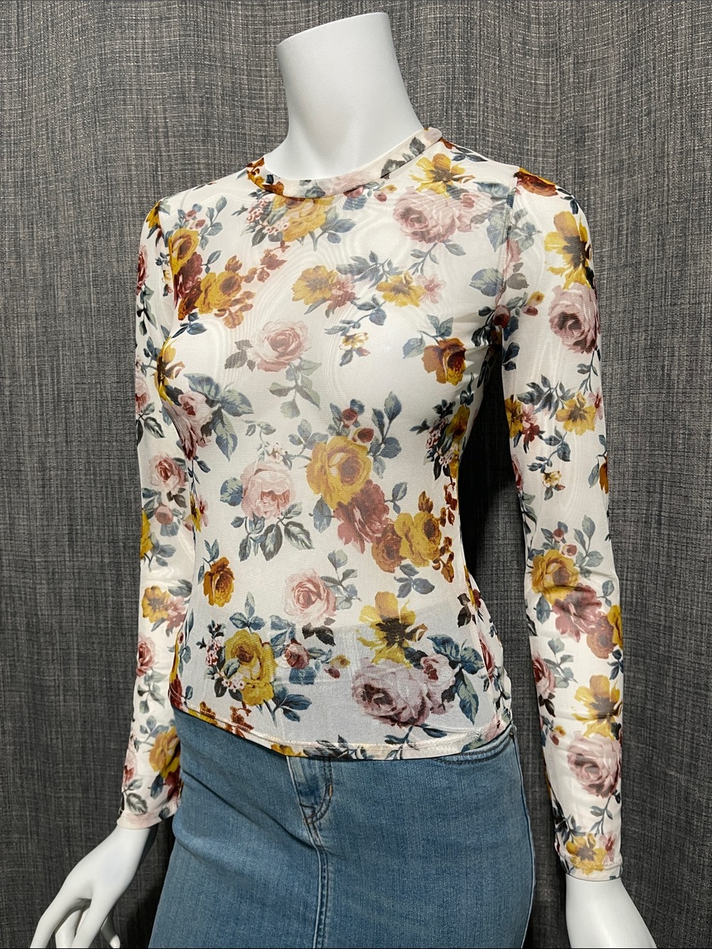 Forever 21 Autumn Floral Print Mesh Long-Sleeve Top Cream Yellow Pink Small NWT